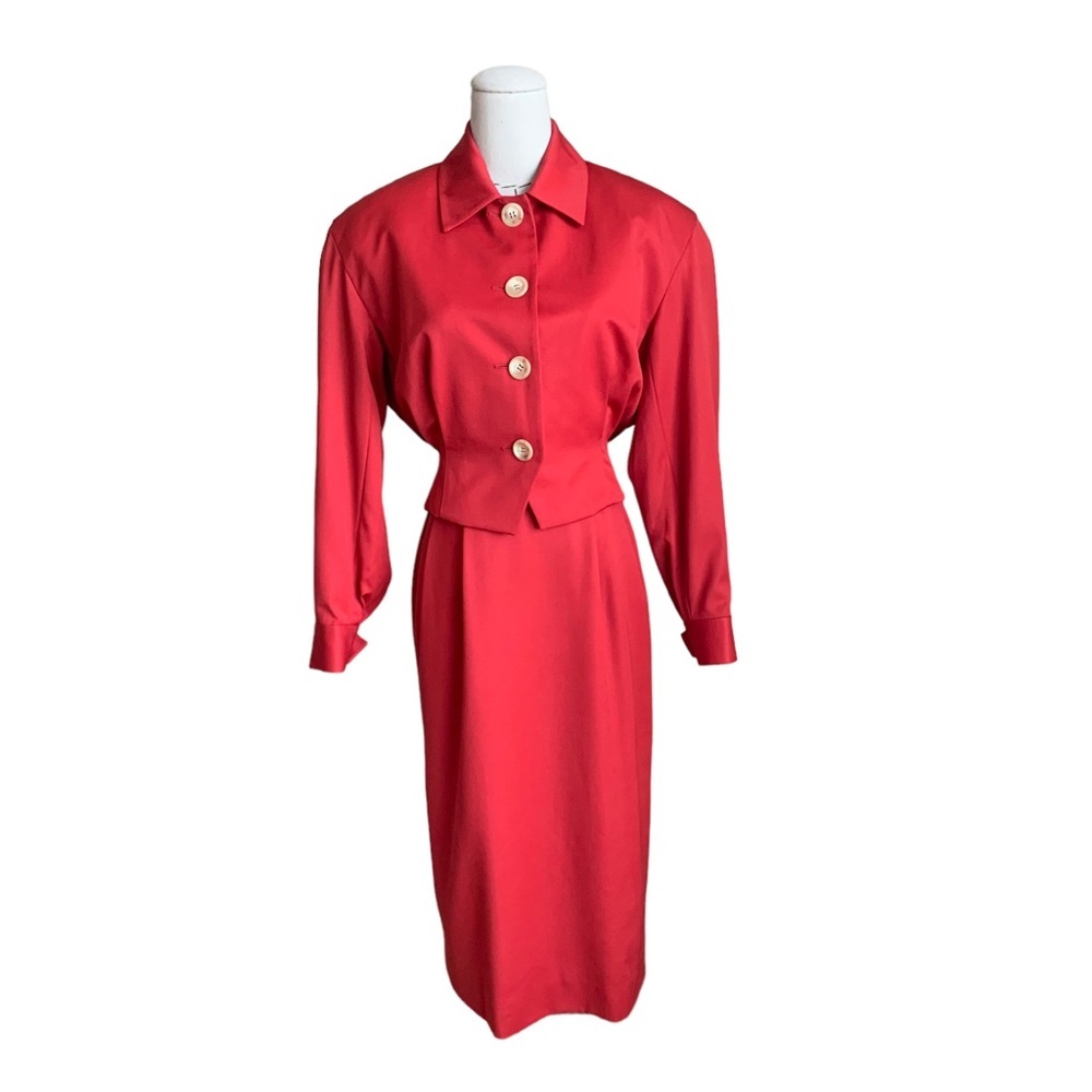 Vintage 80s Perry Ellis 2 pc Wool Suit Crop Jacket High Waisted Skirt XS